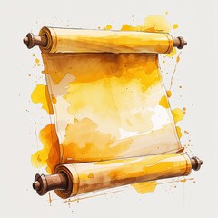 Yellow parchment scroll watercolor art painting design on plain white background illustration