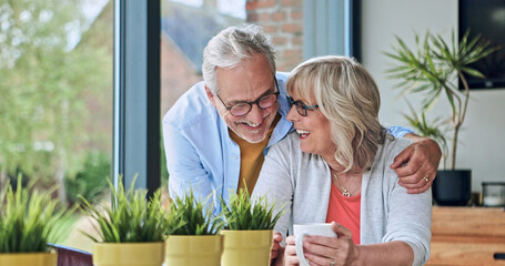 Happy, hugging and senior couple at their home for love, bonding and romance together in morning. Smile, care and elderly man embracing wife in retirement from Australia at modern house on weekend.