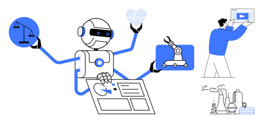 Robot multitasking with symbols for justice, technology, and data analytics, while a person works on a digital project. Industrial plants outline innovation. Ideal for AI, robotics, ethics