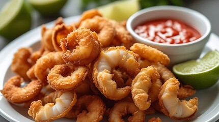 Delicious golden fried calamari rings served with fresh lime wedges and tangy dipping sauce on a white plate, ideal for food photography and culinary presentations

