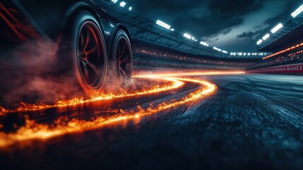 High-speed race car on a fiery track at night