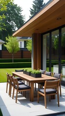 Obraz premium Modern outdoor dining area with wooden table and chairs on a stylish tiled patio surrounded by a manicured garden, ideal for lifestyle, architecture, and design concepts