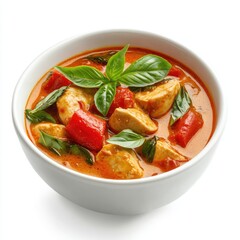 Red tomato soup or sauce in a white bowl with green basil, a delicious and healthy vegetable meal