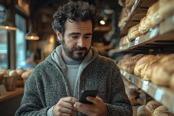 Man using phone in bakery (1)