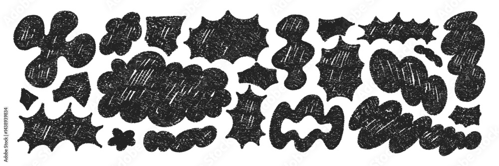 Poster set of playful elements with abstract liquid shapes. speech bubbles, cloud and flower with crayon, c