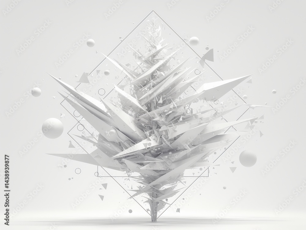 Poster abstract white geometric shapes explode outwards from a central point, creating a dynamic, chaotic c