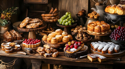 Various pastries and fruits displayed on wooden stands and table in warm light.