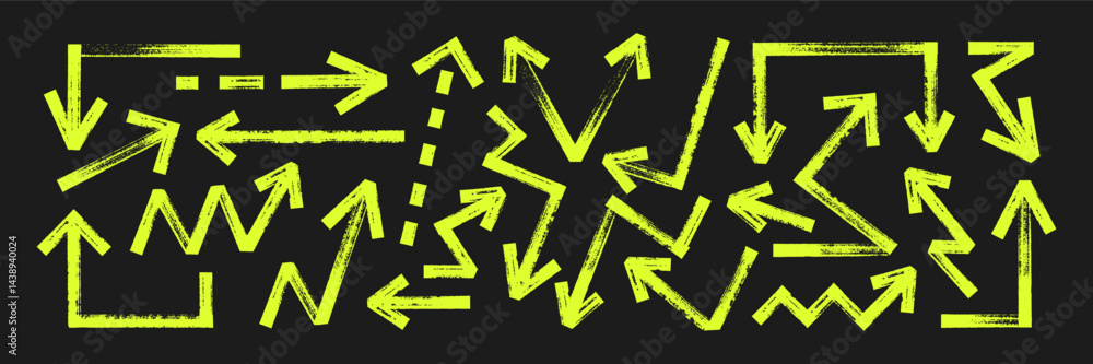 Poster set of thick and zigzag arrows and pointers with brush, crayon or marker texture. elements of naviga