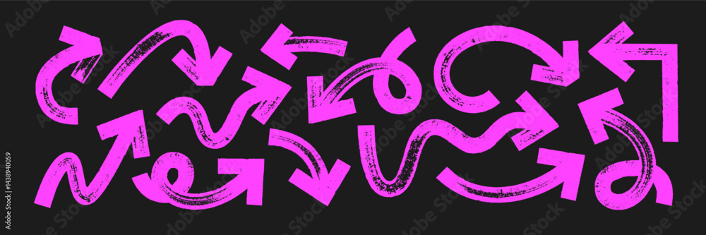 Poster set of thick and curve arrows and pointers with brush, crayon or marker texture. elements of navigat