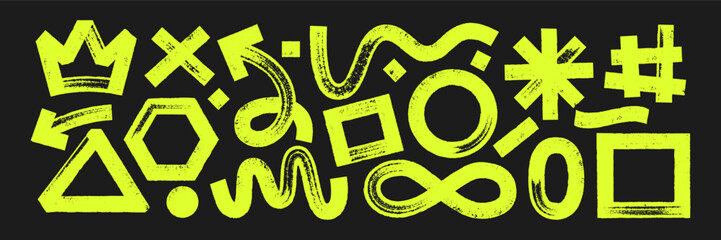 Set of geometric shapes with brush, crayon or marker texture. Crown, heart, infinity and rectangle with sketch lines. Yellow vector illustration on a blackboard.