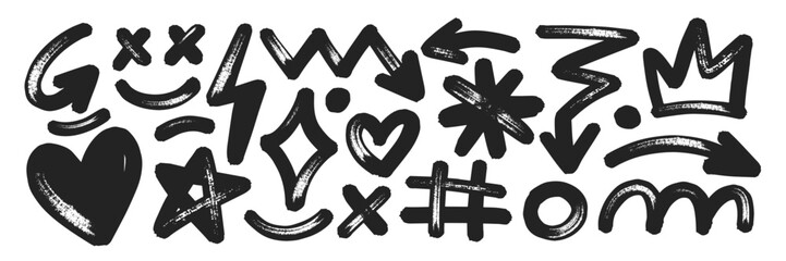 Set of hand drawn elements with brush, marker or crayon texture. Grunge arrow, lightning, star and crown for design. Black vector illustration isolated on a white background.