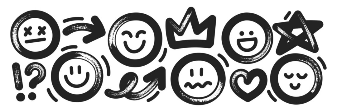 Naklejki Set of emoji with brush, marker or crayon texture. Sad, happy, smile and angry emoticon for design. Black vector illustration isolated on a white background.