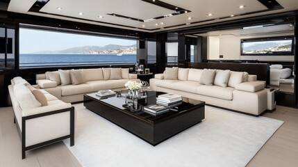 Fototapeta premium Luxurious yacht interior; expansive windows, modern sofas, coffee table, sea view