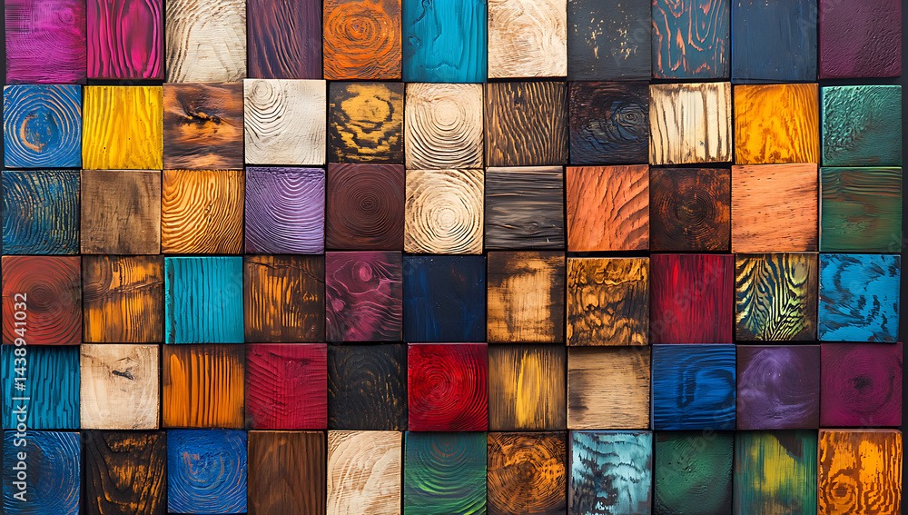 Poster colorful wooden blocks arranged in a grid pattern, each block painted with different colors and text