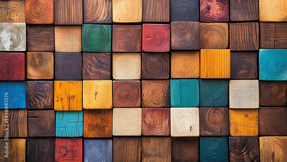 Poster colorful wooden blocks arranged in a grid pattern, each block with different shades of color and tex