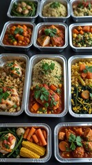 Healthy meal prep containers arranged neatly with colorful vegetables, grains, and protein dishes ideal for balanced nutrition, fitness, and clean eating habits
