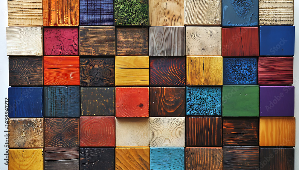 Poster colorful wooden blocks arranged in a grid, each with different colors and textures.