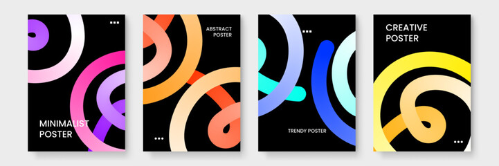 Four minimalist posters with colorful abstract lines on a black background are versatile for home decor, office space, or event promotions.