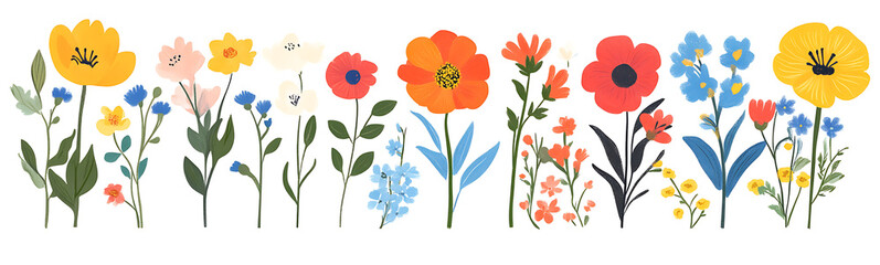 Colorful spring floral elements set isolated on a white background, flat design, vector illustration, bright colors, flat style.