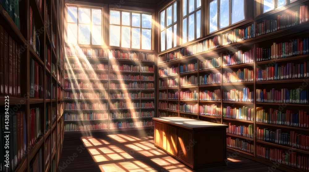 Aufkleber 図書館の窓から差し込む光が本棚を照らす 暖かく穏やかな空間 本の山と木製のインテリア