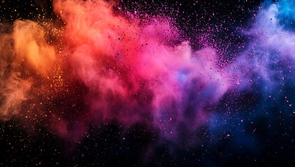 Colorful powder explosion on a black background, with colorful dust flying in the air. 