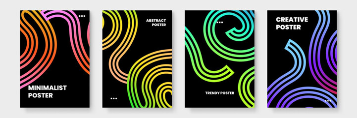 Four abstract posters with colorful shapes are suitable for modern art exhibitions, interior design inspirations, and digital backgrounds.