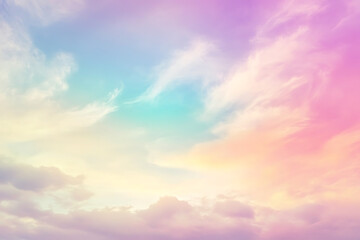 Obraz premium Colorful pastel sky with soft clouds, ethereal background, rainbow gradient.