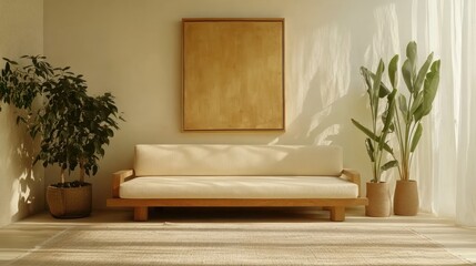 Sunlit living room, beige sofa, plants, minimalist art