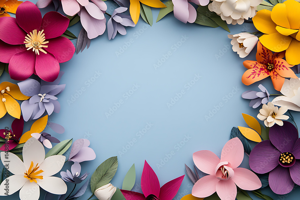 Poster colorful paper flowers in various shapes and sizes arranged to form the shape of an empty circle on 