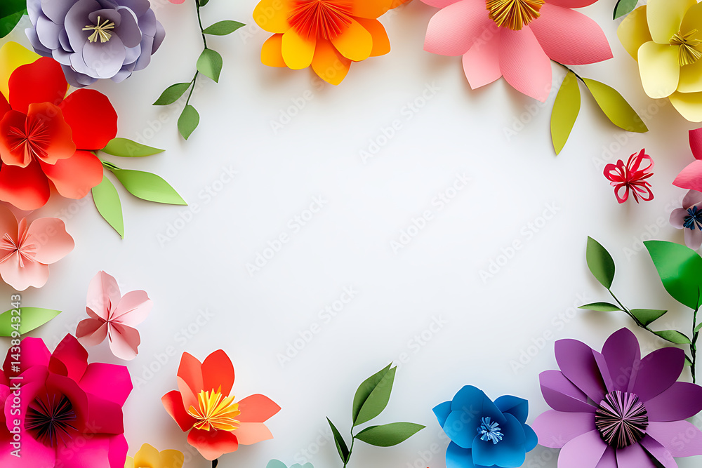 Poster colorful paper flowers in various shapes and sizes arranged around the edges of an empty white backg