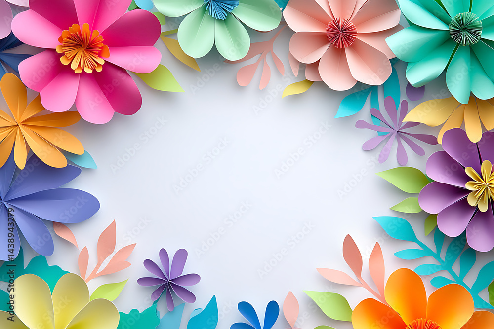 Poster colorful paper flowers in various shapes and sizes arranged around the edges of an empty white backg