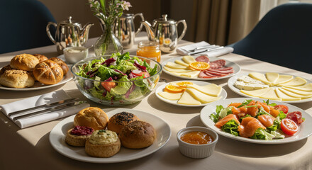 Breakfast Feast: Delicious Breads, Fresh Salad, Smoked Salmon & Cheese Plates! A Gourmet Start to Your Day.