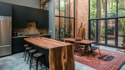 Modern industrial kitchen with a wooden island and garden views.