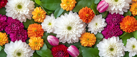 Colorful floral background with various types of chrysanthemums, including white and pink flowers, green leaves, red, orange, and yellow daisies, and purple tulips. 