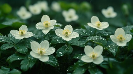 Dewy white flowers in a forest after rain