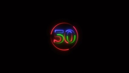 Glowing Neon light text number icon, business 50 number background 4k illustration.	