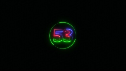 Glowing Neon light text number icon, business 53 number background 4k illustration.	