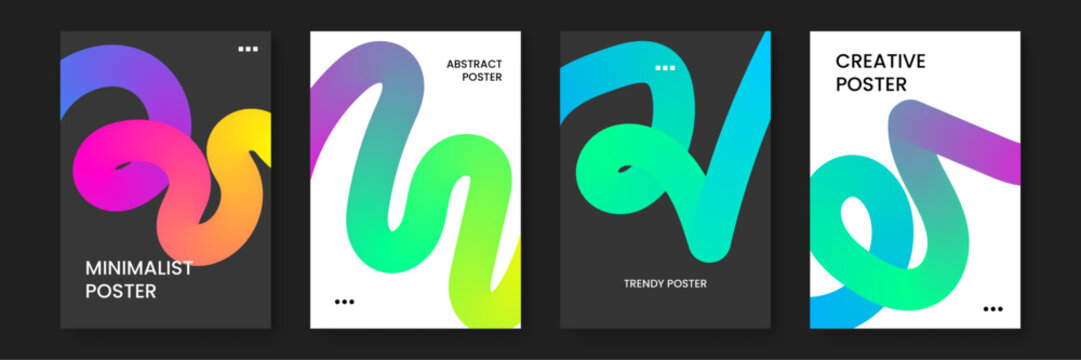Four vibrant posters featuring abstract shapes, ideal for modern interior decor, graphic design projects, or creative marketing campaigns.
