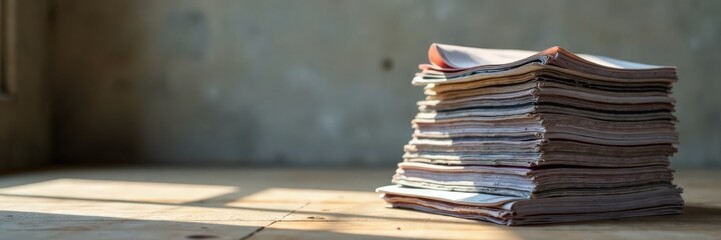 Tall stack of magazines and newspapers on the floor, publications, reading material, stack