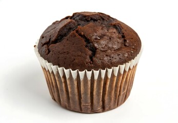 Single Rich Chocolate Muffin in Paper Liner on White Background, Delicious Bakery 