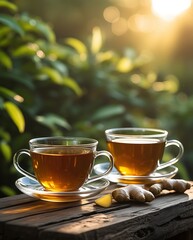 Two clear glass cups of ginger tea with fresh root pieces on rustic wood in natural sunlight, perfect for health, wellness, and herbal beverage concepts
