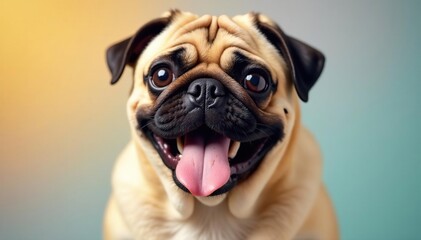 Playful pug in mid-action, ears flopped, tongue out, happy dog, studio shot, wrinkles