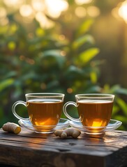Two clear glass cups of ginger tea with fresh root pieces on rustic wood in natural sunlight, perfect for health, wellness, and herbal beverage concepts
