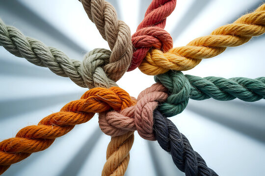 Unity and teamwork concept as a business metaphor for joining a partnership as diverse ropes connected together as a corporate symbol for cooperation and working collaboration.