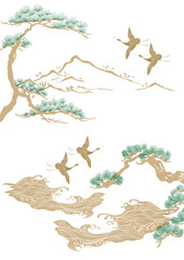 Japanese background with crane birds or herons, mountain, bonsai tree element vector. Hand drawn wave chinese cloud decorations in vintage style. Art abstract banner design.