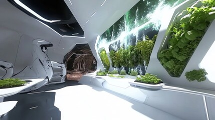 Futuristic indoor garden corridor showcases hydroponic plants.
