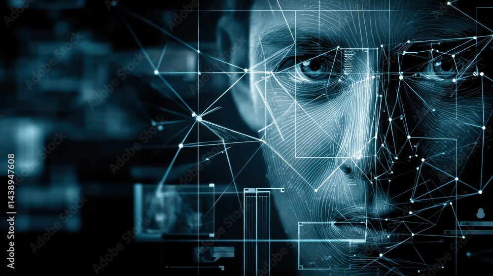 Poster biometric scanning technology overlays on human face for secure identity verification in modern appl