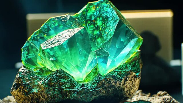 Stunning emerald crystal formation illuminated by soft light showcasing intricate details and textures