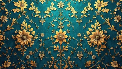 Intricate floral damask pattern in rich gold and deep teal , pattern, leaves, tapestry