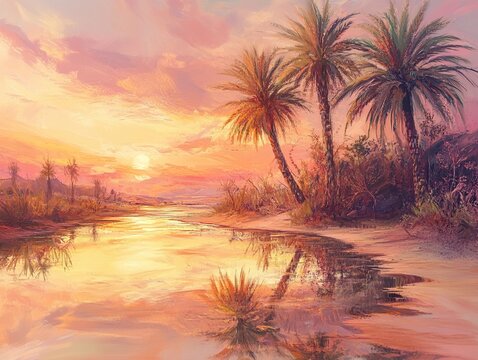 Serene desert sunset reflecting on a tranquil river. Lush palm trees line the banks